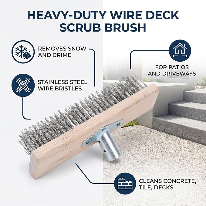 Hilitand Heavy Duty Stainless Steel Scrub Brush, 30cm Floor Brush with Reinforced Pine Wood Handle for Driveway Patio Deck Tile Concrete Rough Surfaces