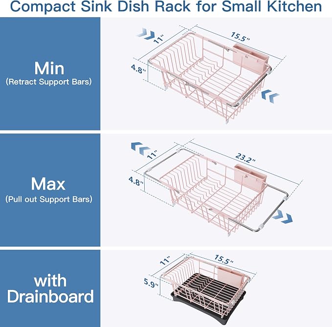 JASIWAY Pink Dish Drying Rack in Sink, Expandable Stainless Steel Dish Drainers with Drainboard for Kitchen Counter, Space Saving Dish Dryer Rack, Over The Sink Dish Racks with Utensil Holder