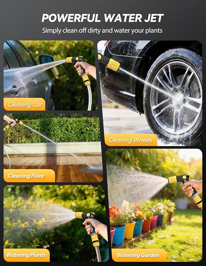 VOXON Garden Hose Nozzle with High Pressure Jet, 100% Heavy Duty Metal | Zinc Alloy & TPR Rubber, With Thumb Flow Control, Adjustable Spray Patterns for Garden Watering, Car Washing, Yellow Black