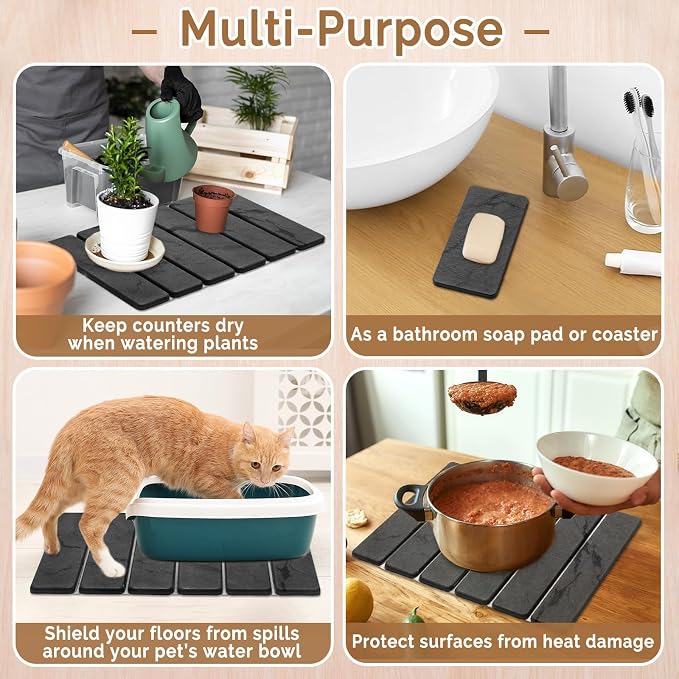 Small Stone Dish Drying Mat for Kitchen Counter, 2 PCS 16"×12" & 8"x4" Quick Dry Stone Mats, Foldable Water Absorbing Diatomaceous Earth Drying Dish Pad for Countertop Bottles Utensils Cups(Dark Gray)
