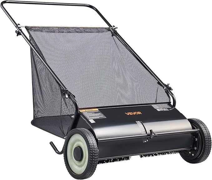 VEVOR Push Lawn Sweeper 26 Inch Leaf & Grass Collector Strong Rubber Wheels | Heavy Duty Thickened Steel Durable to Use with Large Capacity 7 ft³ Mesh Collection Bag, 4 Spinning Brushes