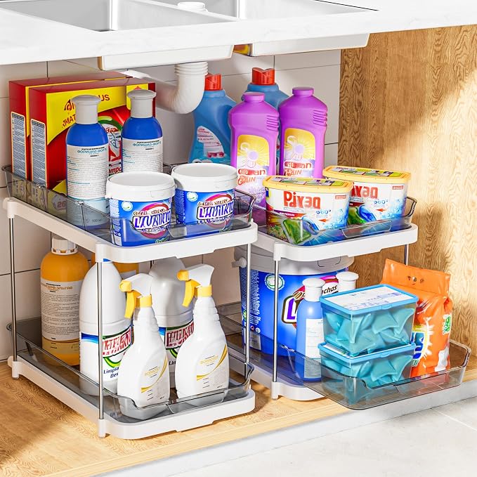 Delamu 2-Tier Multi-Purpose Bathroom Under Sink Organizers and Storage, Stackable Kitchen Pantry Organization, Pull Out Medicine Cabinet Organizer with Movable Dividers, Grey, 4 Pack