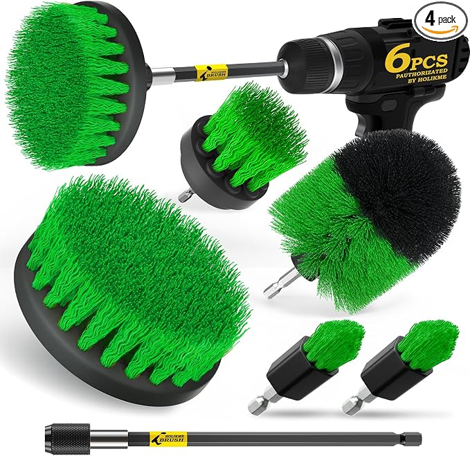 Holikme 6Pc Drill Brush Set - Scrub Brushes with Extension for Home Clean | 5 Head Sizes, Green Nylon Fibers, Power Scrubber Attachments for Tile, Tub, Shower, Floors, Kitchen and Auto Interior Care