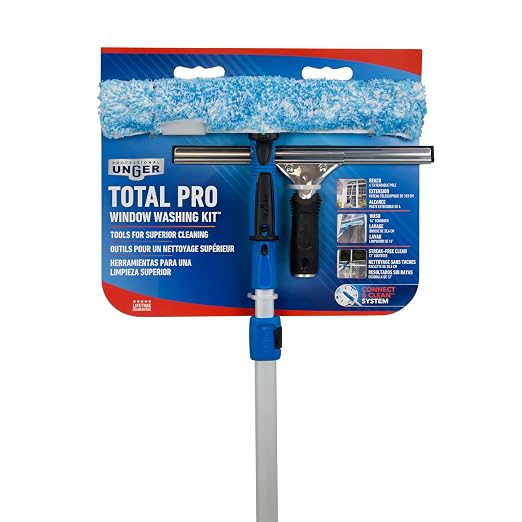 Unger Professional Connect and Clean Total Pro Cleaning Kit, All-in-One Household Window Washing with Streak-Free Results, Includes 12” Squeegee, 14” Scrubber Washer, Telescopic Pole Extends Up to 6’