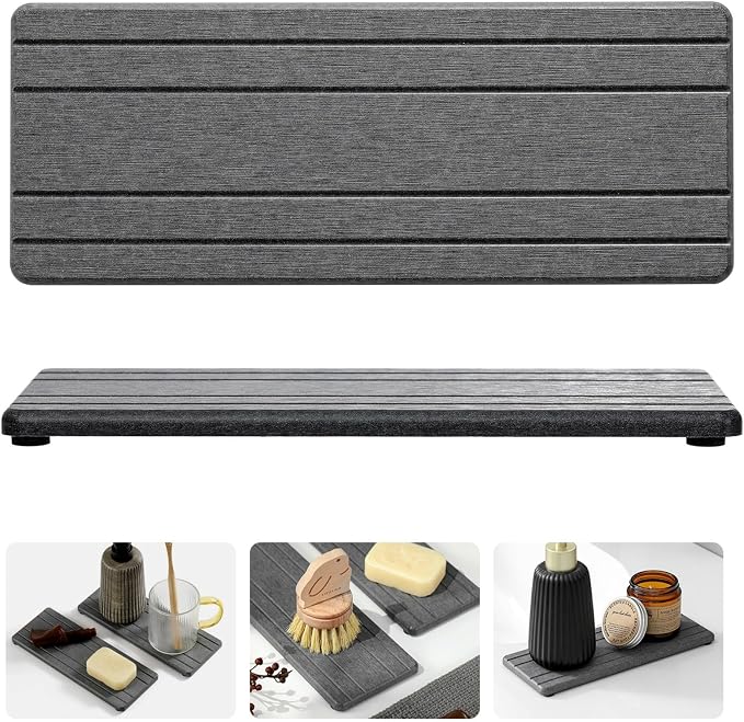 Razborci 2PCS Diatomite Quick Stone Drying Tray Mat For Bathroom & Kitchen Counter, Instant Dry Water Absorbent Drink Bar Coaster,Vanity Sink Caddy Organizer,Dish Soap Sponge Holder, Dark Gray,9"x3.5"