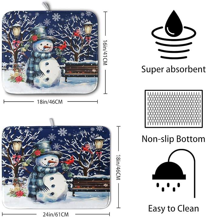 Winter Snowman Dish Drying Mat for Kitchen Counter 18x24, Xmas Snowflakes Dish Drainer Mat Snowy Night Drying Kitchen Mats Cardinal Birld Dish Pad Absorbent Reversible Coffee Mats for Dishes