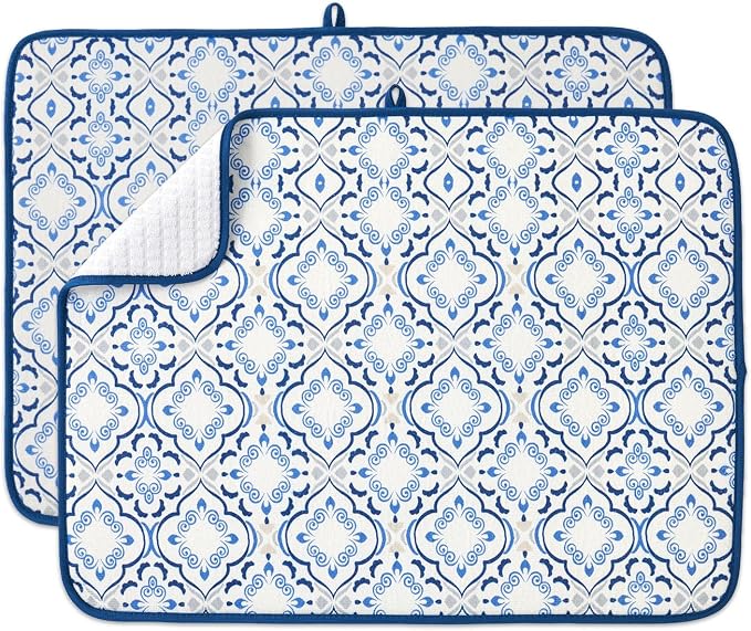 FRESHMINT Printed Dish Drying Mats for Kitchen Counter 2 Pack Absorbent Reversible Drying Mats Microfiber Kitchen Countertop Protector Dishes Drying Pad Extra Large 18"x24" Dish Mat