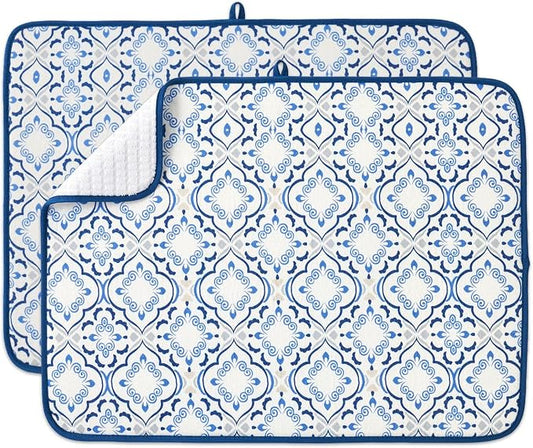 FRESHMINT Printed Dish Drying Mats for Kitchen Counter 2 Pack Absorbent Reversible Drying Mats Microfiber Kitchen Countertop Protector Dishes Drying Pad Extra Large 18"x24" Dish Mat