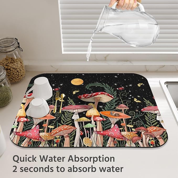 Dish Drying Mat for Kitchen Counter 16x18 Inch, Super Absorbent Dish Drainer Mat, Decorative Microfiber Dishes Drying Pad-Small(Mushroom)