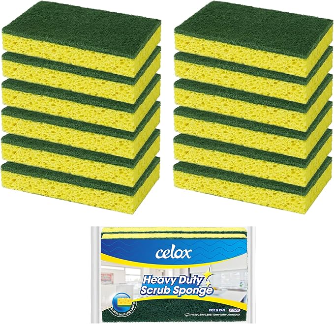 CELOX Sponges Kitchen Sponges for Dishes and Cleaning, 2-Sided Scrub Sponges Dish Sponge and Kitchen Sponge for Washing Dishes, Heavy Duty, Non-Scratch, Sinks, Household Use, Green and Yellow, 12-Pack