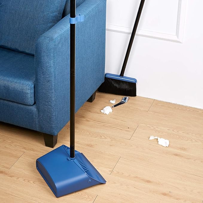 Long Handled Dustpan and Brush, Broom and Dustpan Set, Household Dust pan Combo with 54 Inch Handle for Indoor Outdoor Household Cleaning and Sweeping (Blue)