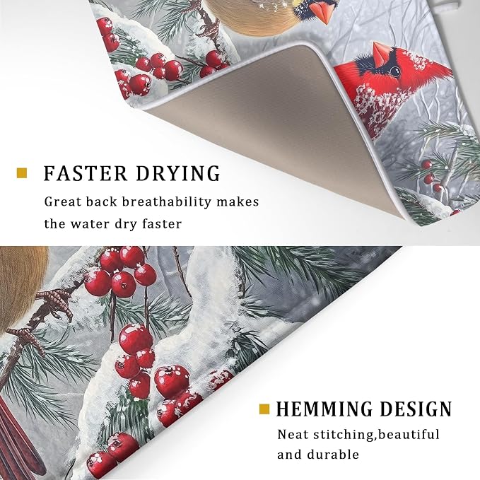 Winter Christmas Dish Drying Mat for Kitchen Counter 18 x 24 Inches Red Birds Absorbent Reversible Microfiber Mats for Berry Dish Rack Pad Drainer Mat for Coffee Bar Decor