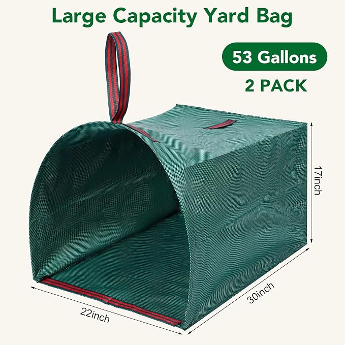 Dntorx 53 Gallon Leaf Bags, 2-Pack, Reusable Yard Waste Bags | Dustpan-Style Opening, Heavy-Duty Pp, Reinforced Handles, Foldable Storage, For Leaves, Grass, And Yard Debris