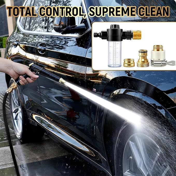 High Pressure Hose Nozzle with 4 Spray Modes, Adjustable Water Spray Gun, Metal Garden Hose Sprayer for Car Wash, Plant Watering, Patio & Outdoor Cleaning (Sprayer Kit with 3 Connectors & Foam Cannon)