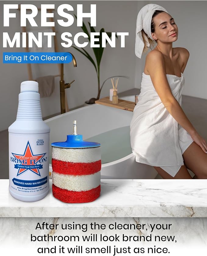 Bring It On Cleaner Hard Water Stain Remover 16 oz | Glass, Soap Scum Remover for Shower Glass, Fiberglass, Windows, Tile and Grout Cleaner, and Includes Scrubbing Drill Pads