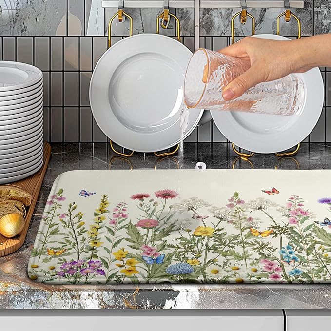 Spring Dish Drying Mat Summer Floral Flowers Kitchen Dish Drying Pad Absorbent Dish Dryer Mat for Kitchen Countertops Microfiber Dishes Drainer Pad Dish Drying Rack Mat (18x24 in)