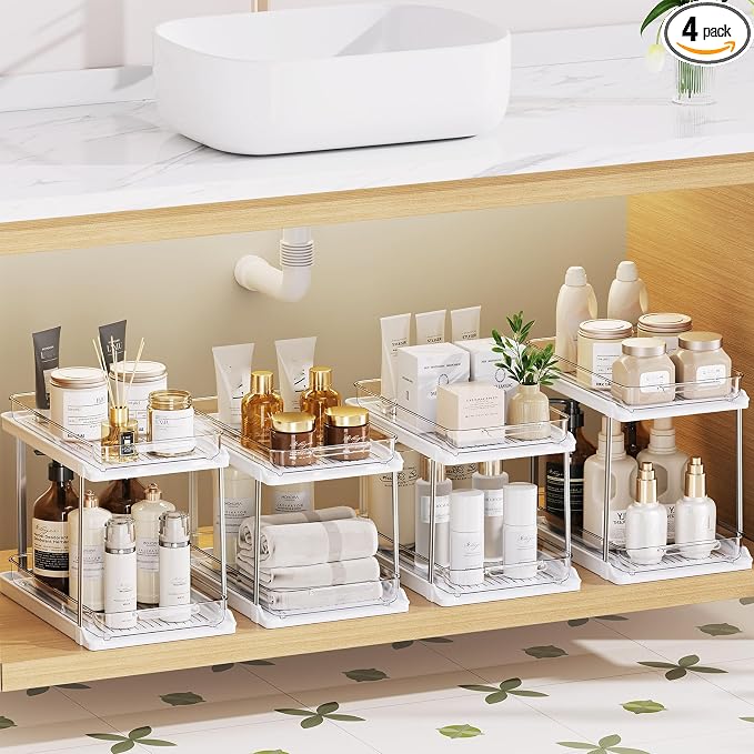 Delamu 2-Tier Bathroom Under Sink Organizers and Storage, Pull Out Cabinet Drawers with Anti-Slip Design, Multi-Purpose Storage for Kitchen, Pantry, Bathroom & Home Organization, White, 4 Pack