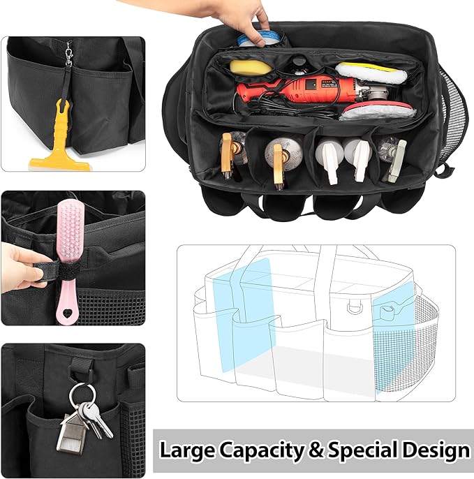 HODRANT Detailing Bag with Polisher Carry Bag for Buffer Bottle Towel | Large Detail Care Box for Auto Detailing Supplies, Car Wash Caddy & Trunk Organizer for Cleaning Kit, Black, Patent Design