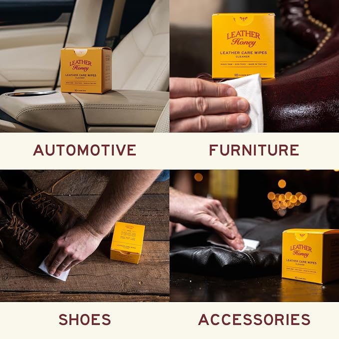 Leather Honey Cleaner Wipes – Clean Leather On-The-Go, 10 Wipes | Non-toxic, trusted since 1968 & made in the USA. Deep clean on the go. Any color leather – couches, car seats, shoes & bags.