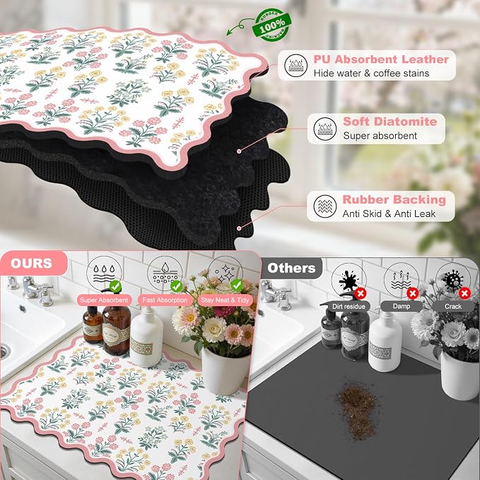 LOKHOM Scalloped Floral Dish Drying Mat, 18"x24" Super Absorbent Coffee Mat with Unique Pink Pastoral Floral, Cuttable Hide Stain Non-slip Drying Mat for Kitchen Counter Coffee Maker Espresso Machine