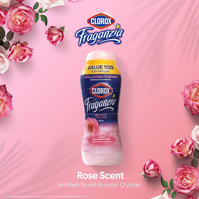 Clorox Fraganzia Laundry Scent Booster Crystals, In-Wash Fragrance Beads for Fresh-Smelling Clothes & Linens, Safe for All Fabrics & Colors, Easy-Pour Bottle, Rose Scent, 70 Oz