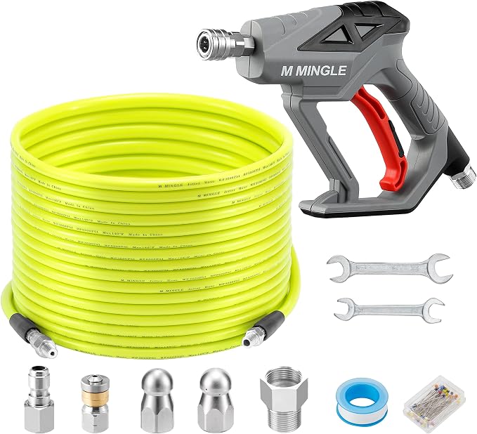 M MINGLE Sewer Jetter Kit for Pressure Washer 100 FT, Drain Cleaner Hose with Power Washer Gun, 1/4 Inch NPT Corner Rotating and Button Nose Sewer Jetting Nozzle, Orifice 4.0, 4.5
