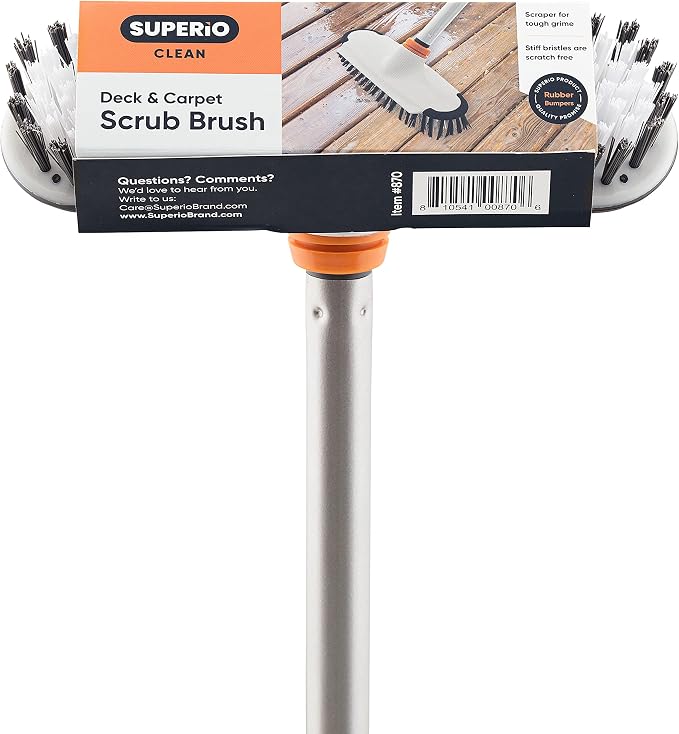 Superio Deck Scrub Brush with Long Handle, Heavy Duty Stiff Bristles Grout Scrubber with Scraper - Cleans Hot Tub, Swimming Pool, Granite Tiles, Bathroom, Patio, Kitchen, Wall and Deck (3 Part Handle)