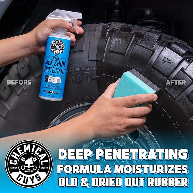 Chemical Guys, Silk Shine Vinyl, Rubber & Trim Satin Dressing, 16 oz, 2 Pk | Dries to a natural satin look with no greasy sling, works indoors and out on dashboards, door panels, bumpers and tires