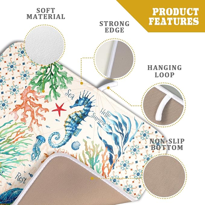 Giwawa Nautical Coastal Dish Drying Mat Sea Turtle Seahorse Dish Drainer Pad 16"x18" Microfiber Reversible Fast Dry Pad for Kitchen Counter Decor