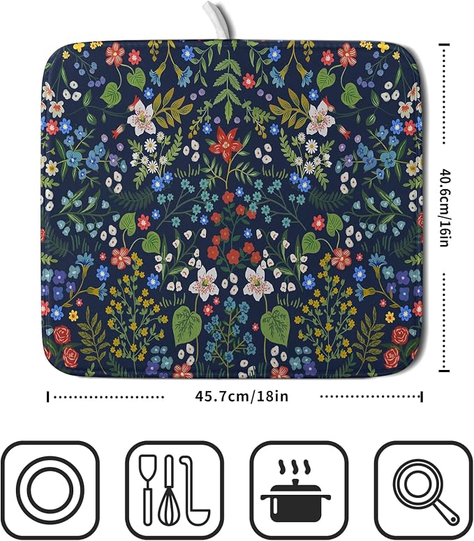 Flower Floral Dish Drying Mat Microfiber Navy Blue Absorbent Drying Pad for Kitchen Counter Small