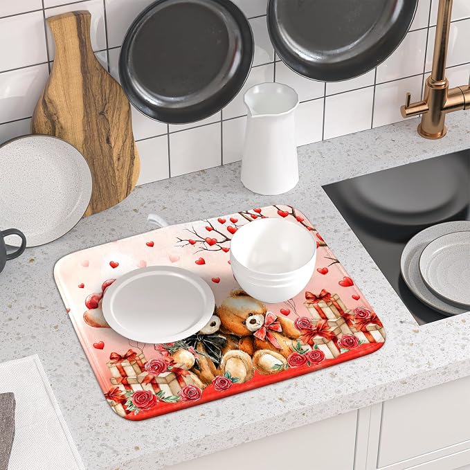 Valentines Day Dish Drying Mat Bear Lover Absorbent Kitchen Drying Mats for Countertops 18 X 16