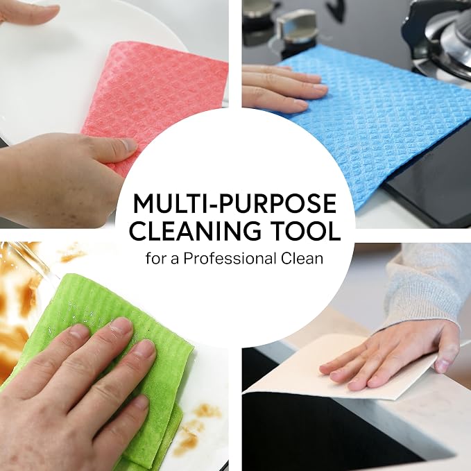 Swedish Wholesale Dishcloths Reusable 8" x 7" Sponge Cloths, Bulk 10 Pack of High Absorbent Cellulose Dish & Kitchen Cleaning Hand Towels, Wring to Dry & Machine Wash, Odor Resistant, Yellow