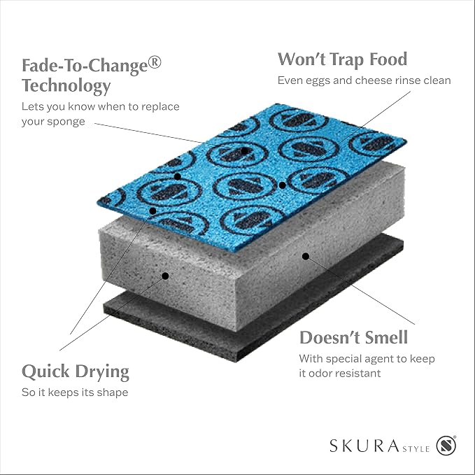 Skura Style Smart Kitchen Dish Sponges (Bulk 8 Pack) | Odor Free Non-Scratch Scrub Pad | Household Cleaning Scrubber for Sink, Counters, Surfaces, Pots, Pans, Dishwashing | Color-Fade Change Indicator