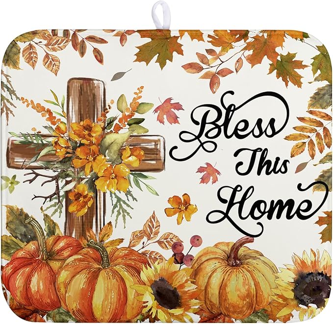 Fall Drying Mat for Kitchen Counter Autumn Thanksgiving Pumpkin Cross Dish Mat Sunflower Maple Leaf Absorbent Microfiber Dish Draining Mat Reusable Dishes Pad Medium 16"x18"