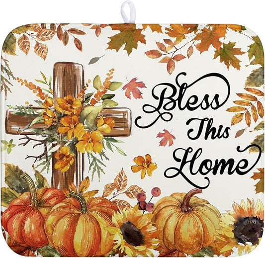 Fall Drying Mat for Kitchen Counter Autumn Thanksgiving Pumpkin Cross Dish Mat Sunflower Maple Leaf Absorbent Microfiber Dish Draining Mat Reusable Dishes Pad Medium 16"x18"