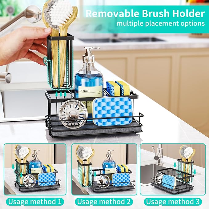 HapiRm Sink Caddy Sponge Holder - Kitchen Sink Organizer with Instant Drying Stone and Brush Holder, Stainless Steel Bathroom Counter Organizer - Black