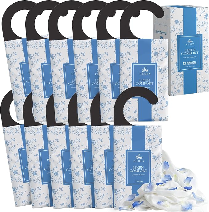12 Packs Large Closet Deodorizer for Women - Linen Odor Absorber by Perfa | Hanging Scented Luxury Fragrance - Weeks of Continuous Freshness - Keeps Stored Fabrics Smelling New - Good for 120 Days