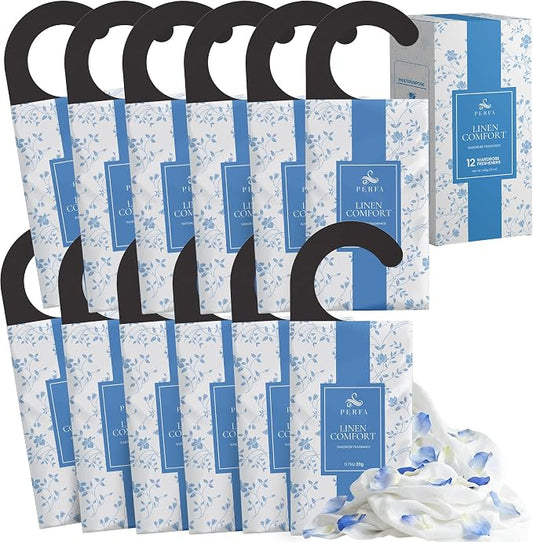 12 Packs Large Closet Deodorizer for Women - Linen Odor Absorber by Perfa | Hanging Scented Luxury Fragrance - Weeks of Continuous Freshness - Keeps Stored Fabrics Smelling New - Good for 120 Days