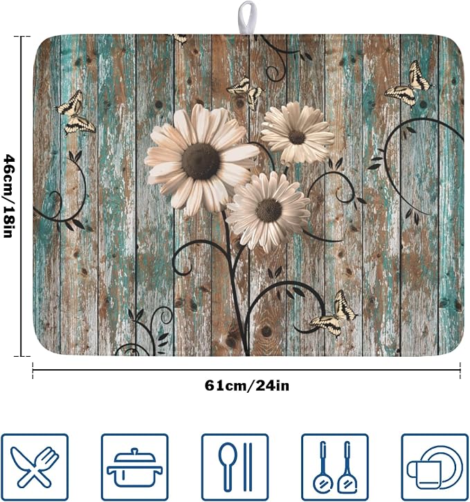 Vintage Daisy Floral Wooden Board Dish Drying Mat 18x24 Inch | Rustic，Polyester，Absorbent Microfiber，for Kitchen Coffee Dining Bar Decor