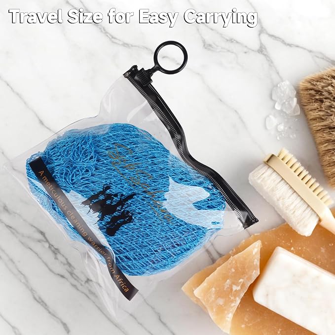 SubSahara Authentic African Net Sponge - 2 Pack Exfoliating Bath & Shower Loofah Sponge for Body & Face, Gentle Scrubber for All Skin Types, Travel, Durable (Linen & Sky Blue)