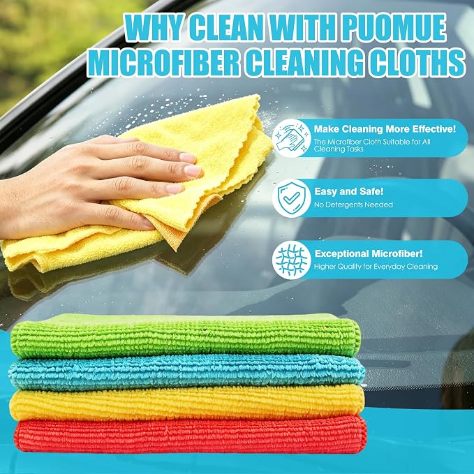 Puomue Microfiber Cleaning Cloth, 24 Pack Highly Absorbent Cleaning Rags, 4 Color Mix, Reusable, Soft and Lint Free Cleaning Supplies for Window, Household and Kitchen, 12 Inch X 10.6 Inch