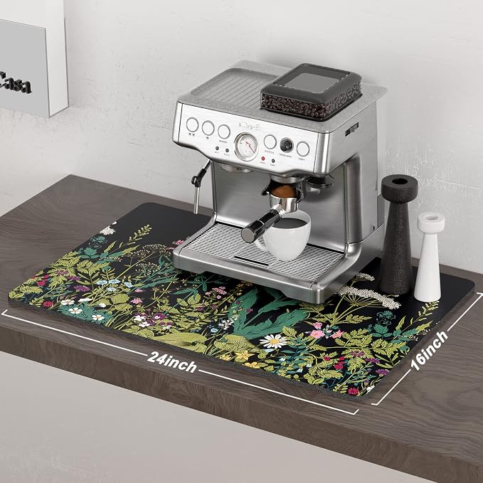 Rnivvi Coffee Mat, 16" x 24" Cute Flower Theme Coffee Bar Mats for Espresso Machine Station Accessories and Organizer, Hide Stain Rubber Backed Absorbent Dish Drying Pad for Kitchen Counter, Black