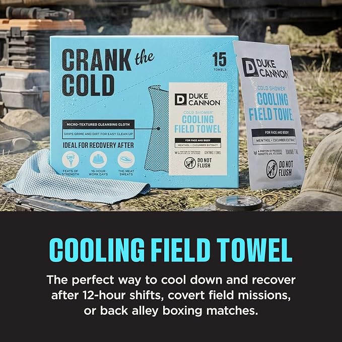 Duke Cannon Cold Shower Cooling Field Towels, 15 Count, 1 Box | Menthol, aloe and jojoba provide instant cooling and cleansing with 15 individually wrapped towels in a resealable pouch.