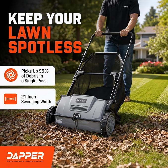 Dapper Supply 21" Push Lawn Sweeper (Also 22" & 26"), Leaf & Grass Collector, 3.5 Cu Ft Non-Woven Bag, Tool-Free Height Adjust, Folds for Wall Storage