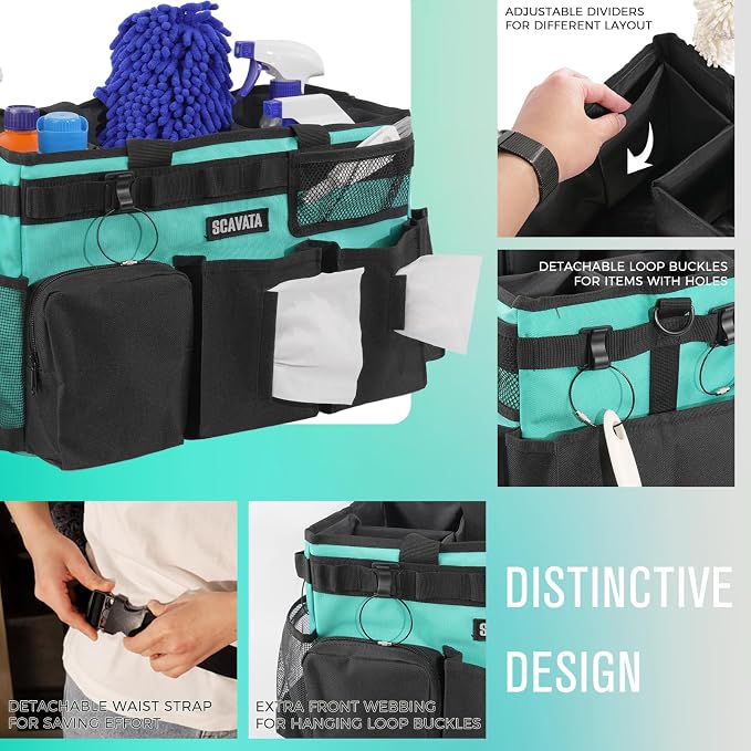 SCAVATA Wearable Cleaning Caddy Bag, Cleaning Caddy Supplies Organizer with Handle & Shoulder Straps for Housekeepers, Under Sink & Car Cleaning Tool Organizers with 4 Foldable Divider (Lake Blue)