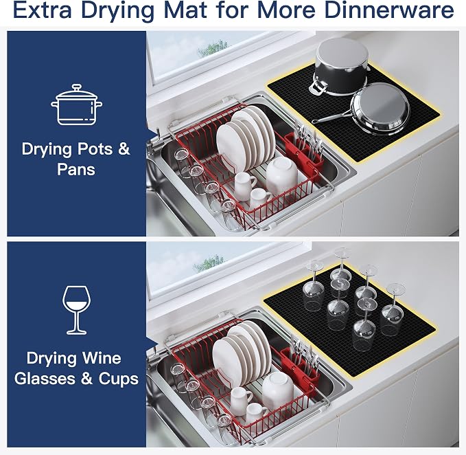 JASIWAY Red Dish Drying Rack in Sink with Mat, Expandable Stainless Steel Dish Drainers for Kitchen Counter, Space Saving Dish Dryer for Inside Sink, Over Sink Dish Racks with Utensil Holder