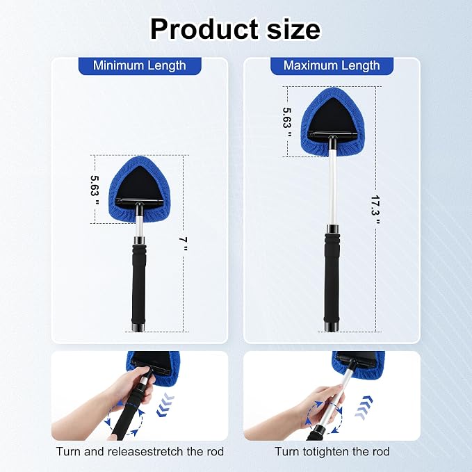 JUSTTOP Windshield Cleaner Tool, Car Interior and Exterior Window Cleaning Kit with Extendable Handle & 4 Reusable Microfiber Pads, Auto Glass Wiper Brush Kit for Car & Home Windows (Blue)