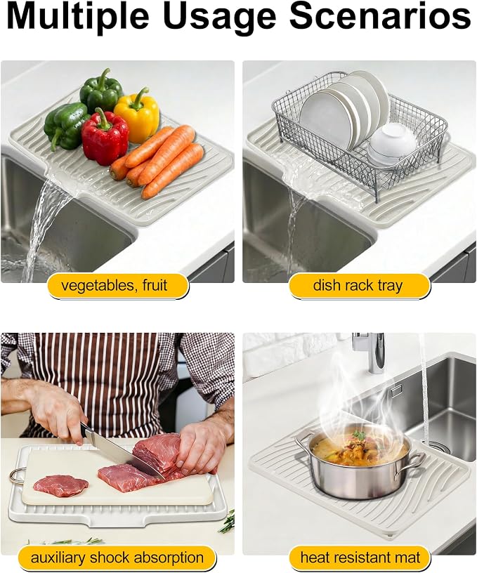 Silicone Dish Drying Mat, Silicone Drying Mat for Kitchen Counter with Built-In Drain, Non-Slip Drain Pad with Built-in Drain, Heat Resistant Silicone Drying Mat, 1Pcs 19.7" x 15", Cream