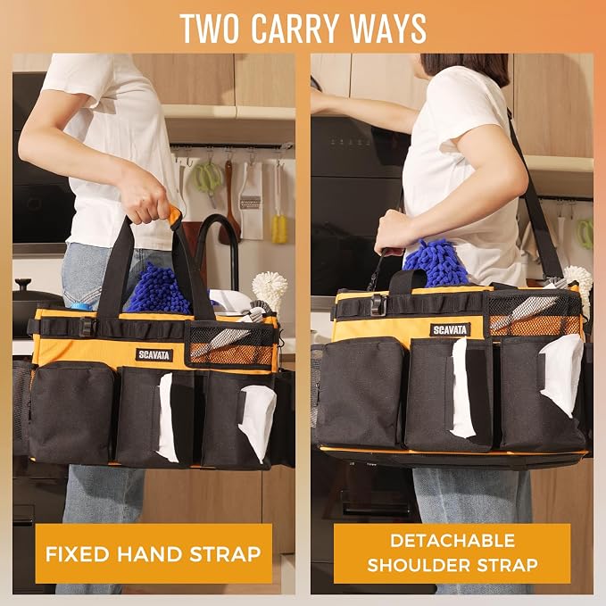 SCAVATA Wearable Cleaning Caddy Bag, Cleaning Caddy Supplies Organizer with Handle & Shoulder Straps for Housekeepers, Under Sink & Car Cleaning Tool Organizers with 4 Foldable Divider (Orange)