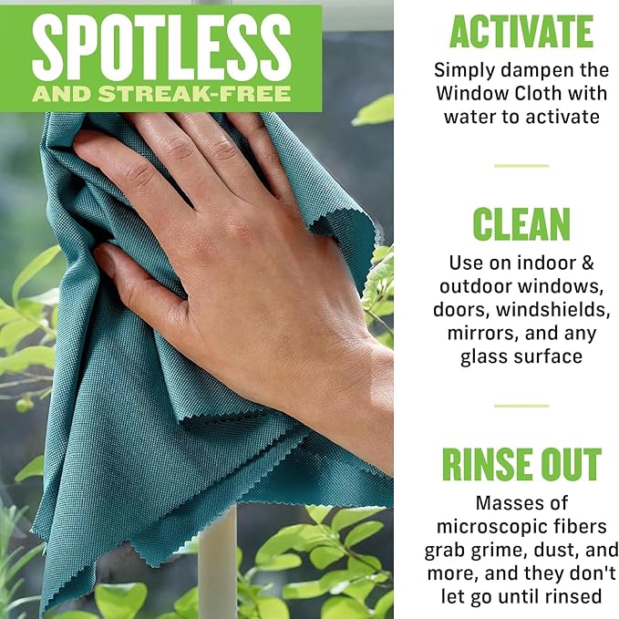 E-Cloth Microfiber Window Cleaning Cloth Kit - Glass Cleaning Cloth for Windows, Mirrors, Cars, Lenses, Eyeglasses, & More, Streak Free Clean, Machine Washable Reusable Towel - Green